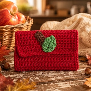 May include: A rectangular red crochet pouch featuring a small brown and green crocheted acorn appliqué centered on the front flap. The pouch is constructed with a dense, uniform stitch pattern and has a fold-over closure design.