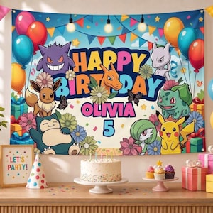 Personalized Poke Birthday Tapestry, Poké Themed Birthday Party Decor, Birthday Tapestry Banner, Pokem Go Theme Decor, Kids Birthday Gift