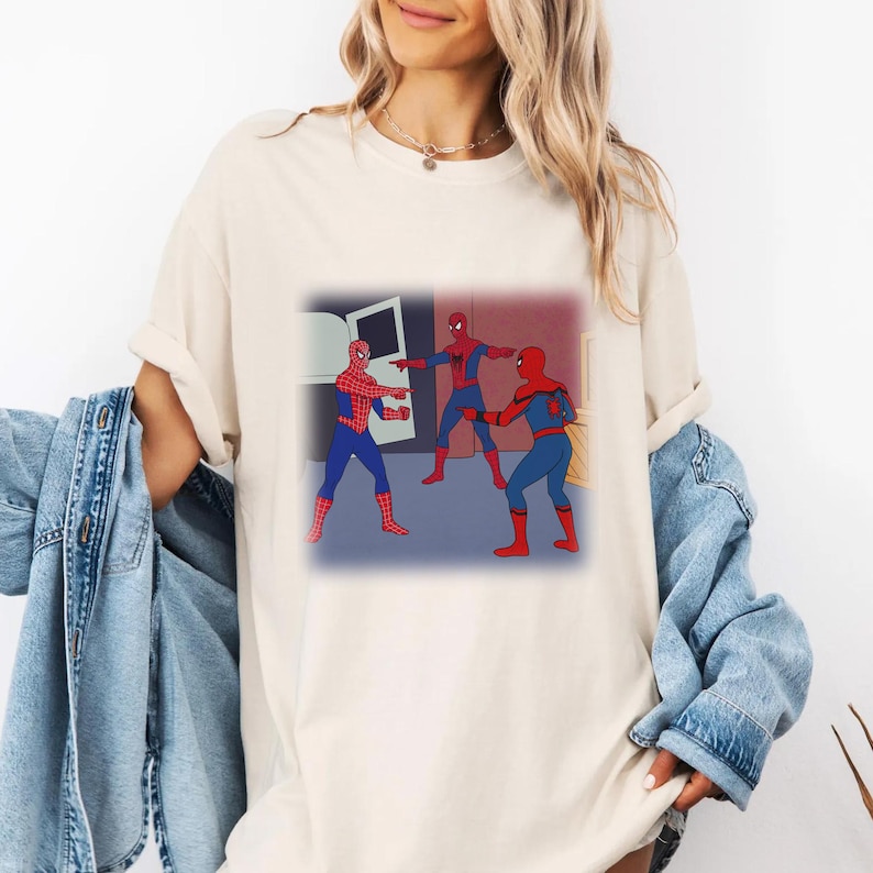Comfort Colors Spider-Man Pointing at Spider-Man Shirt, Funny Meme Three Spider Man Graphic Tee, Viral Spiderman Joke Unisex Gift Shirt image 1
