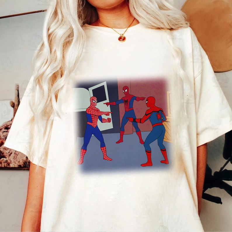 Comfort Colors Spider-Man Pointing at Spider-Man Shirt, Funny Meme Three Spider Man Graphic Tee, Viral Spiderman Joke Unisex Gift Shirt image 3