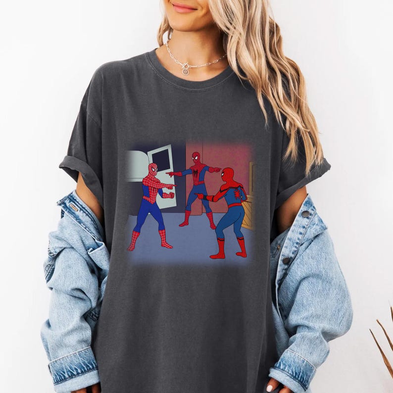 Comfort Colors Spider-Man Pointing at Spider-Man Shirt, Funny Meme Three Spider Man Graphic Tee, Viral Spiderman Joke Unisex Gift Shirt image 2