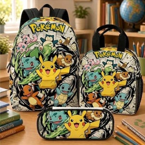 Pokémon-Rucksack-Set, Schultasche für Kinder mit Brotdose, Anime-Federmäppchen, Pikachu-Geschenk für Jungen, Rucksack im Manga-Stil