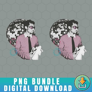 May include: Digital download PNG bundle featuring a stylized illustration of a man with a disco ball background. The man wears a pink sweater, black tie, and glasses. The image includes the text "PNG BUNDLE DIGITAL DOWNLOAD" and a download icon.