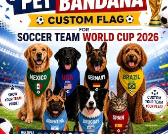 Personalized Pets Soccer Bandana, Custom Country Flag WC 2026, Dog Bandana, Cat Pandana, Custom Pets Scarf, Soccer Pet Flag Accessory