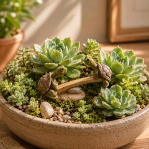 Puede incluir: Una maceta redonda de cerámica beige llena de suculentas verdes, musgo y pequeñas piedras. Dos pequeñas figuras de tortugas marrones están situadas en el centro, a cada lado de una fina tabla de madera que cruza sobre las suculentas.