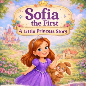 May include: A book cover illustration for "Sofia the First: A Little Princess Story." The image features a smiling girl with red hair, wearing a purple dress and a tiara, holding a brown stuffed animal. The background shows a castle and a garden.