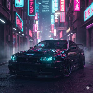 May include: A black sports car with glowing blue headlights and taillights is parked on a wet street. The car reflects the neon lights of the surrounding buildings, creating a vibrant and futuristic scene. The background features Japanese signage.