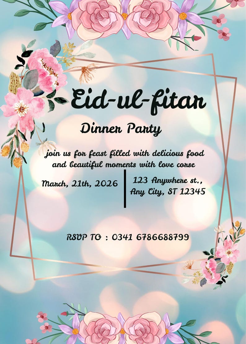 Editable Eid Mubarak Invitation Template, Islamic Celebration Party ...