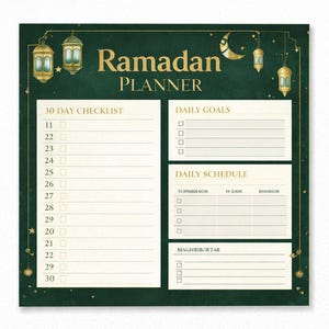 Puede incluir: Un planificador del Ramadán verde oscuro con detalles dorados. El planificador incluye secciones para una lista de verificación de 30 días, objetivos diarios y un horario diario. Linternas decorativas y una luna creciente.
