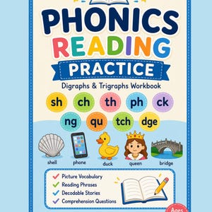 Könnte beinhalten: Ein Phonics Reading Practice Arbeitsbuch für 5- bis 8-Jährige mit dem Titel in Fettdruck, farbigen Kreisen mit Digraphen und Trigraphen, Illustrationen von Muschel, Telefon, Ente, Königin und Brücke sowie einer Liste der enthaltenen Funktionen.