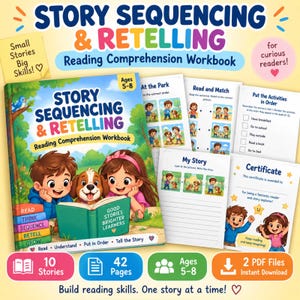 Könnte beinhalten: Ein Story Sequencing & Retelling Lese-Arbeitsheft für Kinder von 5-8 Jahren. Das Cover zeigt einen Jungen, ein Mädchen und einen Welpen, die ein Buch mit dem Titel Good Stories Brighter Learners lesen. Enthält Übungsseiten und ein Zertifikat.