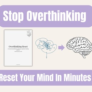 Op de afbeelding: Afbeelding ter bevordering van de mentale gezondheid, met een werkboek getiteld "Overthinking Reset" en een diagram dat de overgang van een wirwar van gedachten naar een helder brein illustreert. Tekst luidt "Stop Overthinking" en "Reset Your Mind In Minutes."