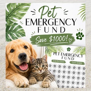 Może przedstawiać: Reklama funduszu awaryjnego dla zwierząt domowych z golden retrieverem i pręgowanym kotkiem. Tekst brzmi "Pet Emergency Fund" i "Save 1000 $!" w kolorze zielonym i białym. Dołączono również grafikę z odciskami łap.
