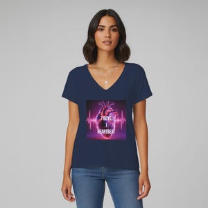 7 Boys 1 Heartbeat K-pop Fan V-neck Tee | Boy Band Fandom Shirt | Neon Heart Graphic | Relaxed Fit Women's Apparel Gift, Jersey, Short