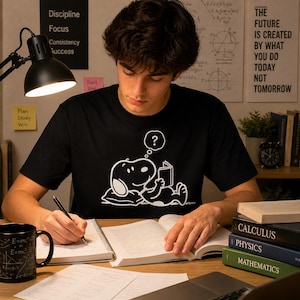 Puede incluir: Una camiseta negra con una ilustraci&oacute;n blanca de Snoopy leyendo un libro, con un signo de interrogaci&oacute;n encima de su cabeza. La imagen muestra a una persona estudiando con libros, una taza y una l&aacute;mpara de escritorio. El texto en la pared dice "Disciplina, Enfoque, Consistencia, &Eacute;xito."