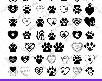 Heart Paw SVG Bundle, Dog & Cat Paw Print SVG, Pet Lover SVG, Animal Paw Silhouette Clipart, Cricut Cut File, Instant Download