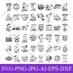 May include: A collection of black and white digital illustrations featuring Snoopy in various soccer-themed poses, including playing with a ball, holding trophies, and wearing jerseys, accompanied by text like 2026, Goal, and World Champion.