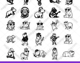 Funny Capybara SVG Bundle, Cool Capybara Sunglasses SVG, Skater & Musician Capybara Clipart, Cute Animal SVG Pack, Cricut Files Png Eps Dxf