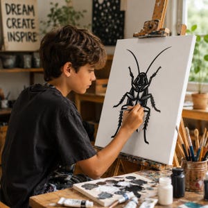 Op de afbeelding: Een wit canvas op een houten ezel met een gedurfde zwarte grafische illustratie van een kakkerlak. Het kunstwerk toont het insect met gedetailleerde poten en voelsprieten. Het canvas staat in een atelier met diverse schildersbenodigdheden.