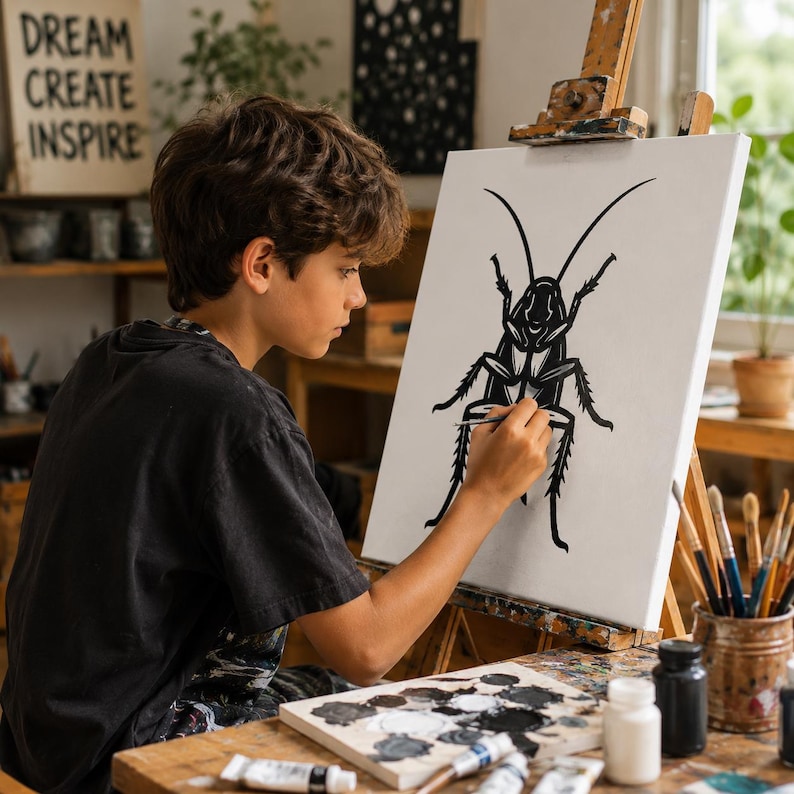 Op de afbeelding: Een wit canvas op een houten ezel met een gedurfde zwarte grafische illustratie van een kakkerlak. Het kunstwerk toont het insect met gedetailleerde poten en voelsprieten. Het canvas staat in een atelier met diverse schildersbenodigdheden.