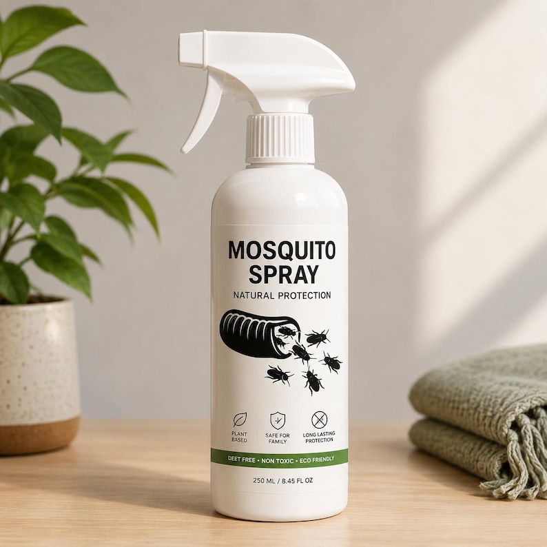 Op de afbeelding: Een witte plastic spuitfles met het label MOSQUITO SPRAY NATURAL PROTECTION en een afbeelding van insecten. Het etiket bevat de tekst PLANT BASED, SAFE FOR FAMILY, LONG LASTING PROTECTION, DEET FREE, NON TOXIC, ECO FRIENDLY en 250 ML / 8.45 FL OZ.