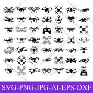 Paquete de archivos SVG de drones: 49 diseños de drones para Cricut, siluetas de drones en formato SVG, drones militares en formato SVG, vectores de drones cuadricópteros, archivos de corte SVG y PNG de drones.