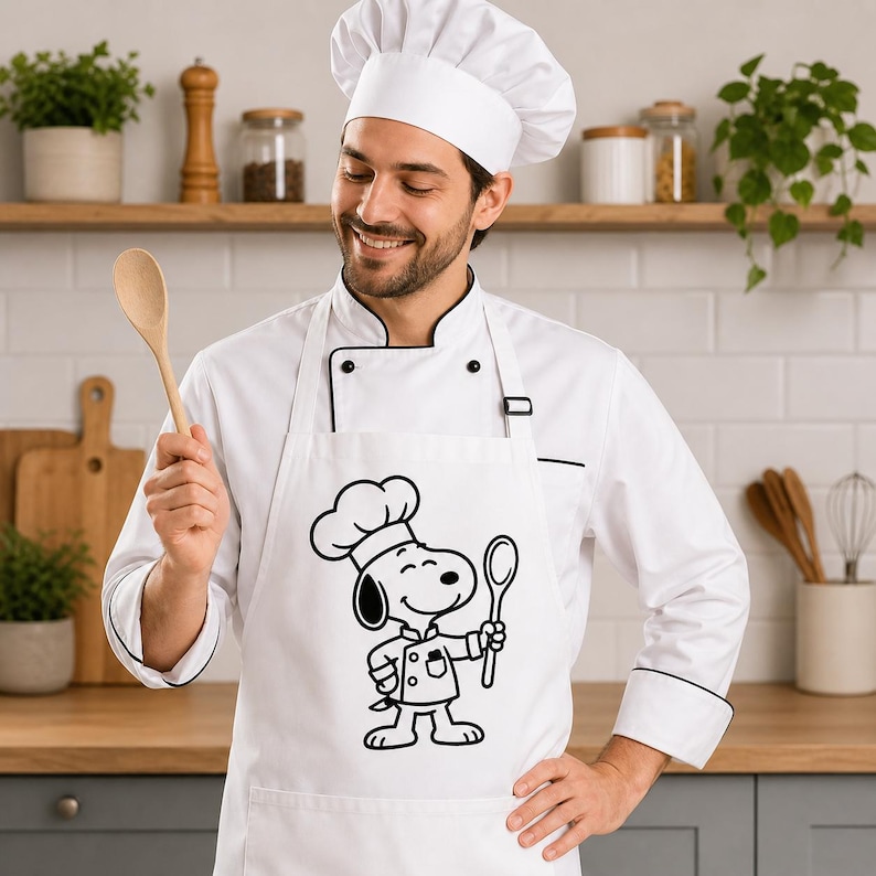 Puede incluir: Un delantal de chef blanco con un dise&ntilde;o de dibujos animados de Snoopy en blanco y negro. El delantal presenta a Snoopy con un gorro de chef, sosteniendo una cuchara de madera. El chef lleva un gorro y uniforme de chef blancos, sosteniendo una cuchara de madera.
