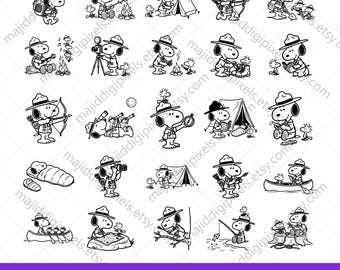 Camping Snoopy SVG Bundle, Beagle Squad Camping SVG, Camping Dog Stickers, Cartoon Dog Clipart, Campfire Tent, Png Eps Dxf Cricut Files