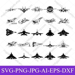 Puede incluir: Una colección de ilustraciones en negro de aviones de combate a reacción en varios ángulos y diseños. La imagen incluye el texto "F-14 TOMCAT TAKEOFF" y "SVG-PNG-JPG-AI-EPS-DXF" en la parte inferior. Los aviones están representados en silueta.