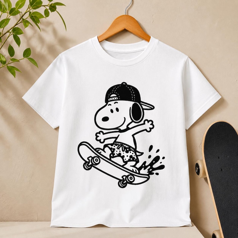 Puede incluir: Camiseta blanca con un gr&aacute;fico negro de Snoopy montando en monopat&iacute;n. Snoopy lleva una gorra de b&eacute;isbol al rev&eacute;s y un ba&ntilde;ador. El monopat&iacute;n tiene ruedas negras. La camiseta est&aacute; colgada en una percha de madera.