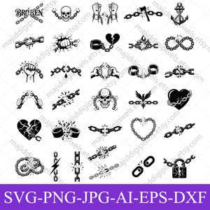 May include: A collection of thirty black and white graphic illustrations featuring broken chains, shackles, skulls, hearts, and fists. The designs depict various symbols of liberation and struggle, including an anchor, an axe, and a padlock.
