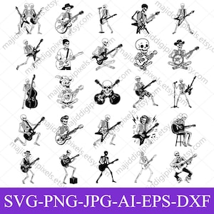 Pode incluir: Uma coleção de vinte ilustrações em preto e branco apresentando esqueletos tocando vários instrumentos musicais, incluindo guitarras elétricas, acústicas, banjos e contrabaixos, com alguns esqueletos usando chapéus ou atuando em microfones.