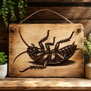 Op de afbeelding: Een rechthoekig houten wandbord met een donkere, ingebrande illustratie van een kakkerlak op zijn rug. Het bord heeft een natuurlijke houtnerfafwerking en bevat een dik, gedraaid jutekoord aan de bovenkant om het bord op te hangen.