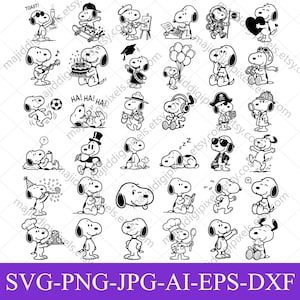 May include: A collection of black and white Snoopy illustrations in various poses and outfits. Snoopy is depicted with a champagne glass, on a skateboard, painting, and more. The bottom of the image has the text "SVG-PNG-JPG-AI-EPS-DXF".