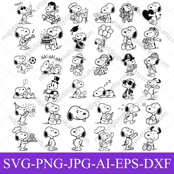 Snoopy SVG Bundle 36 Designs, Cute Cartoon Dog SVG, Funny Comic Dog Clipart, Cricut Cut Files Svg Png Eps Dxf, Instant Download