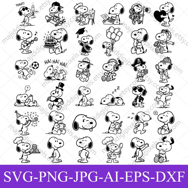 Puede incluir: Una colecci&oacute;n de ilustraciones en blanco y negro de Snoopy en varias poses y atuendos. Snoopy se representa con una copa de champ&aacute;n, en monopat&iacute;n, pintando y m&aacute;s. La parte inferior de la imagen tiene el texto "SVG-PNG-JPG-AI-EPS-DXF".