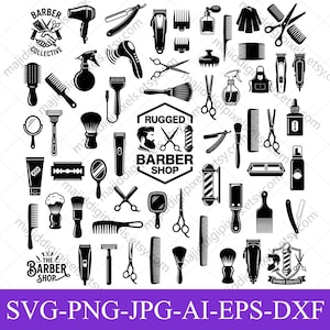 Puede incluir: Una colección de iconos de barbería en blanco y negro que incluye cortapelos, tijeras, peines, navajas, brochas de afeitar, pulverizadores, espejos y postes de barbero. El texto incluye Barber Collective, Rugged Barber Shop y The Barber Shop.