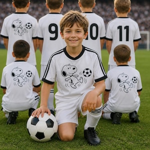 Puede incluir: Un ni&ntilde;o arrodillado en un campo de f&uacute;tbol, vistiendo un uniforme de f&uacute;tbol blanco y negro con un dise&ntilde;o de Snoopy. Otros ni&ntilde;os con uniformes similares est&aacute;n detr&aacute;s de &eacute;l. Un bal&oacute;n de f&uacute;tbol blanco y negro est&aacute; frente a &eacute;l.