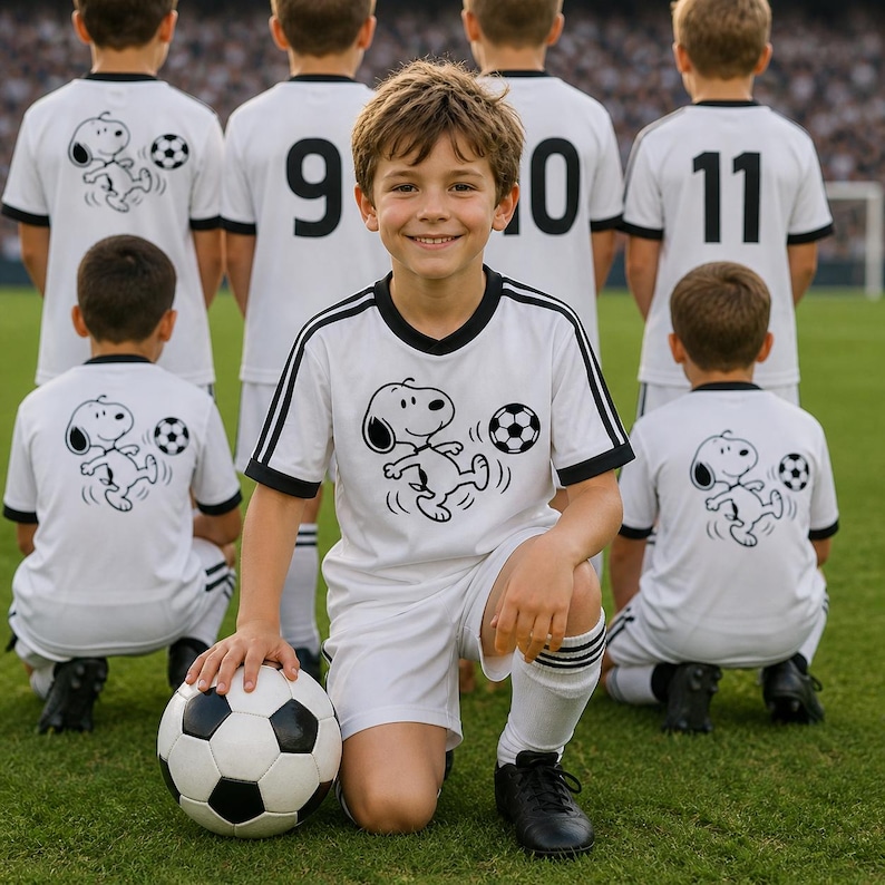 Puede incluir: Un ni&ntilde;o arrodillado en un campo de f&uacute;tbol, vistiendo un uniforme de f&uacute;tbol blanco y negro con un dise&ntilde;o de Snoopy. Otros ni&ntilde;os con uniformes similares est&aacute;n detr&aacute;s de &eacute;l. Un bal&oacute;n de f&uacute;tbol blanco y negro est&aacute; frente a &eacute;l.