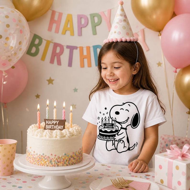 Puede incluir: Una persona joven con una camiseta gr&aacute;fica de Snoopy y un gorro de fiesta sonr&iacute;e a una tarta de cumplea&ntilde;os con velas encendidas. La tarta est&aacute; sobre un soporte blanco para tartas, y el fondo incluye globos y una pancarta de "Feliz Cumplea&ntilde;os".