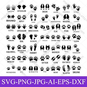 May include: A digital graphic showing black animal paw prints, such as a tiger, deer, and bear. The image also includes the text "SVG-PNG-JPG-AI-EPS-DXF" at the bottom, indicating file formats.