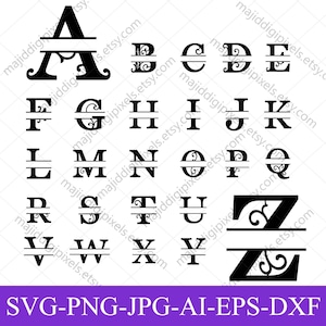 Delat monogram SVG-paket, delat bokstavsalfabet SVG, blommigt monogrambokstäver, monogramram SVG, Cricut-klippfiler, PNG EPS DXF