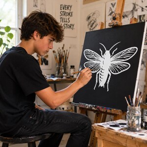 Op de afbeelding: Een vierkant canvas op een houten ezel met een witte lijntekening van een bij tegen een effen zwarte achtergrond. Het kunstwerk toont gedetailleerde vleugelpatronen en een gesegmenteerd lichaam, vastgelegd in een atelier met diverse penselen.