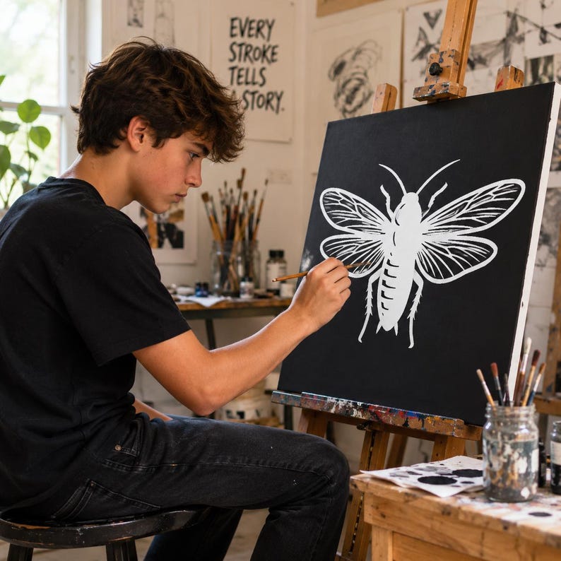 Op de afbeelding: Een vierkant canvas op een houten ezel met een witte lijntekening van een bij tegen een effen zwarte achtergrond. Het kunstwerk toont gedetailleerde vleugelpatronen en een gesegmenteerd lichaam, vastgelegd in een atelier met diverse penselen.