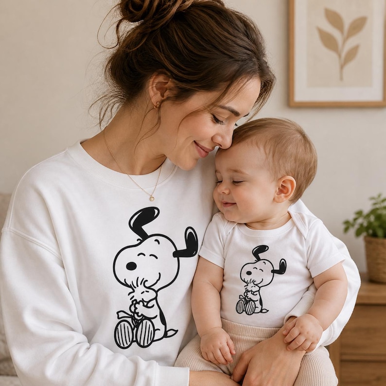 Puede incluir: Conjunto de sudadera y body blancos con un dise&ntilde;o de perro de dibujos animados en blanco y negro. La sudadera es de manga larga y el body de manga corta. El perro de dibujos animados sonr&iacute;e y abraza a un pajarito.