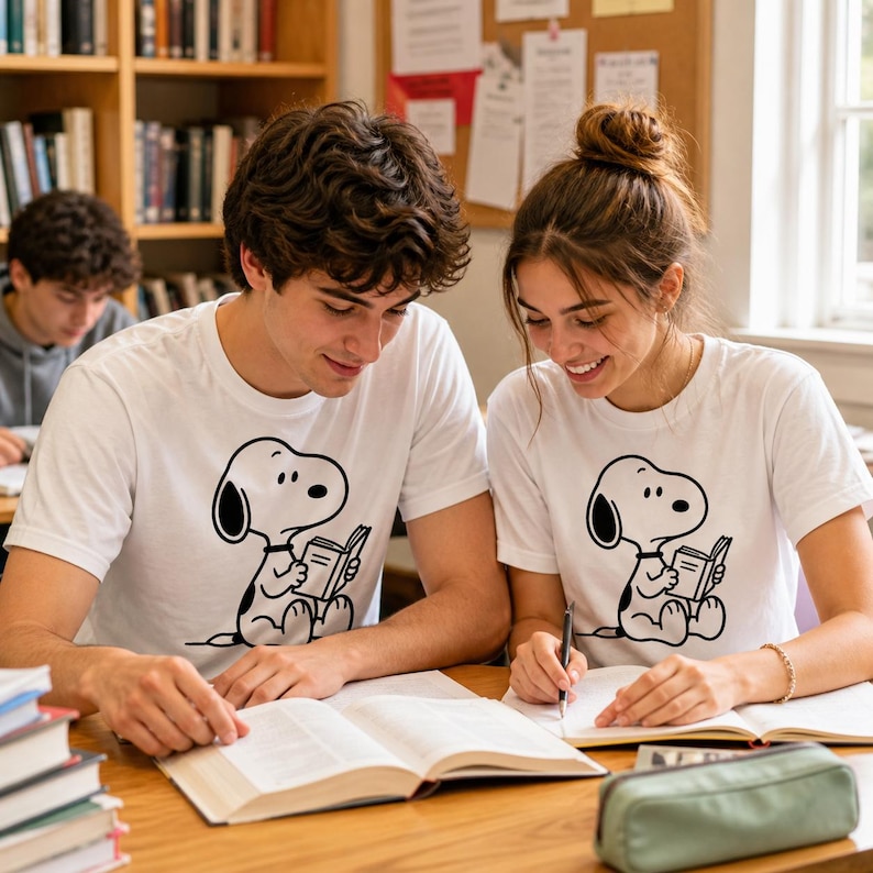 Puede incluir: Dos personas con camisetas blancas con un dibujo negro de Snoopy leyendo un libro. Est&aacute;n sentados en una mesa de madera con libros abiertos, bol&iacute;grafos y un estuche. Una estanter&iacute;a est&aacute; en el fondo.