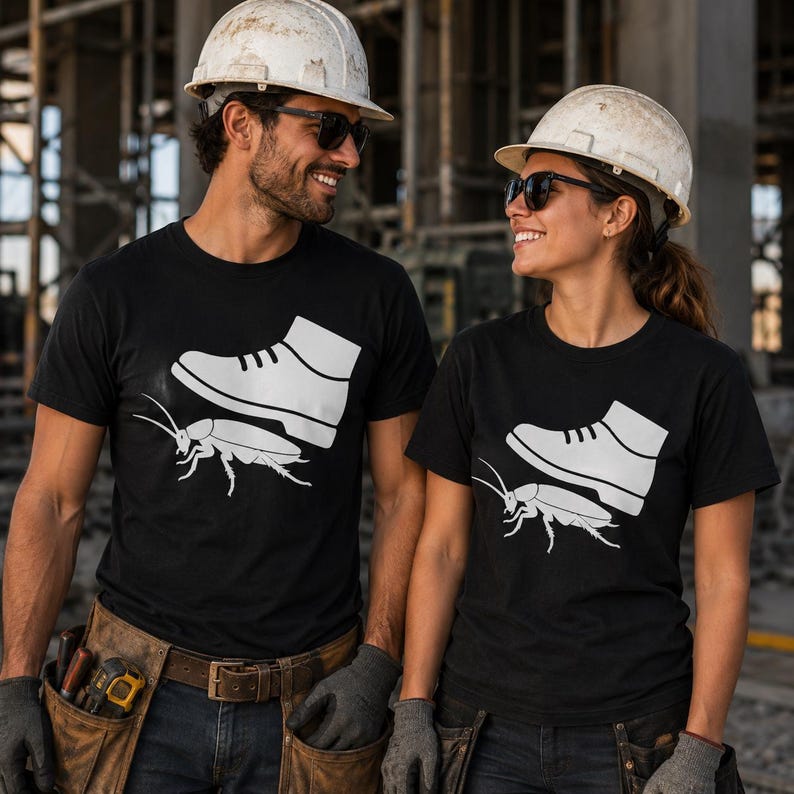Op de afbeelding: Een zwart t-shirt met korte mouwen en een witte grafische print van een laars die op een kakkerlak stapt. Het ontwerp is gecentreerd op de borst van het kledingstuk, dat is gemaakt van effen zwarte stof met een standaard ronde halslijn.