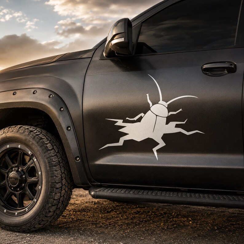 Op de afbeelding: Een matzwarte pick-up truck met een grote witte vinyl sticker op het bestuurdersportier. Het ontwerp toont een gestileerd insect dat uit een grillig, gebarsten oppervlak tevoorschijn komt, geplaatst boven de zwarte treeplank en wielkast.