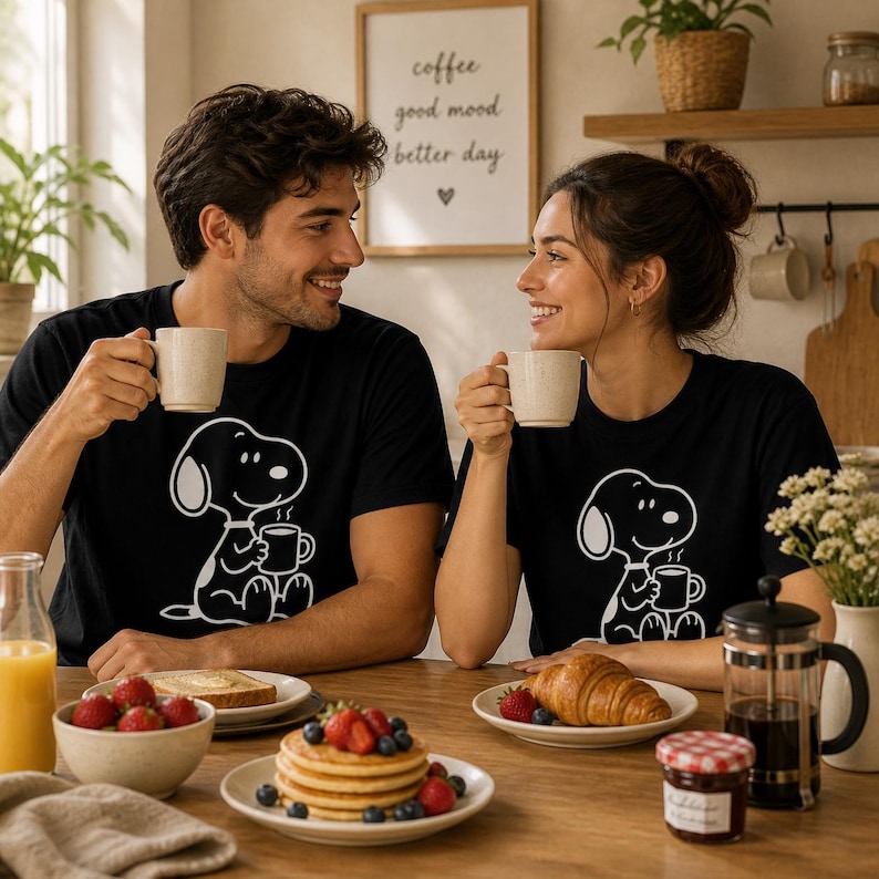 Puede incluir: Dos personas con camisetas negras con un gr&aacute;fico blanco de Snoopy, sosteniendo tazas y sonri&eacute;ndose. Una mesa est&aacute; puesta con art&iacute;culos de desayuno, incluyendo panqueques, fruta y tostadas. Un letrero en la pared dice "coffee good mood better day."