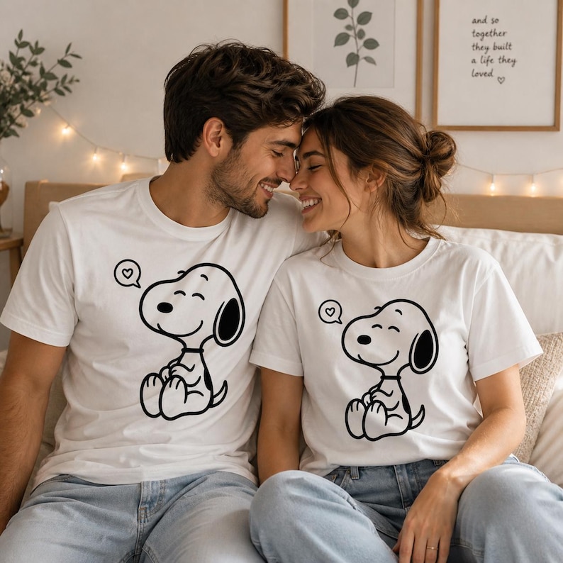 Puede incluir: Dos camisetas blancas con un dise&ntilde;o de dibujos animados de Snoopy en negro, cada una con un bocadillo en forma de coraz&oacute;n. Las camisetas las lleva una pareja, ambos con vaqueros azul claro. La pareja sonr&iacute;e y se toca la frente.